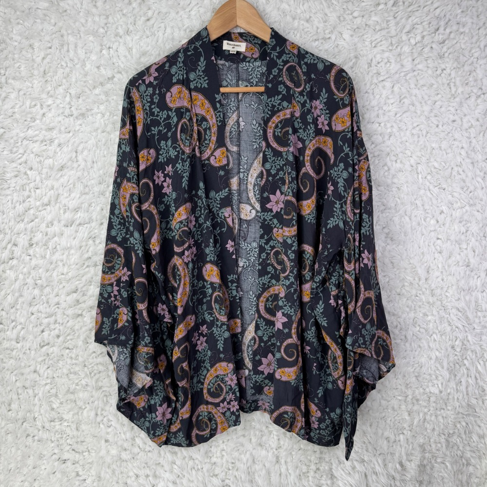 World Market Paisley Kimono Cardigan One Size Black Pink Floral